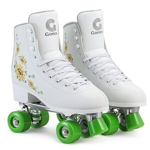 #199 “Gonex”Floral White Roller Skates with Green Wheels